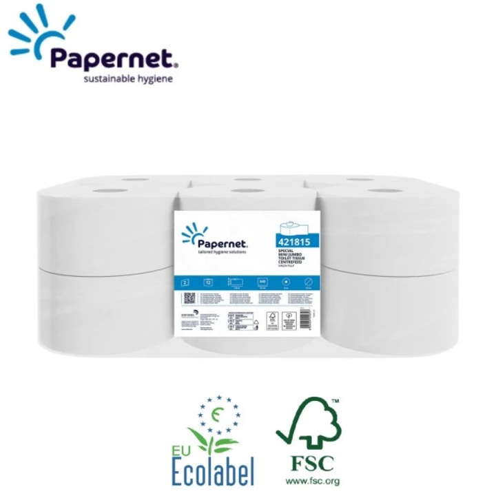 Hartie igienica derulare centrala, Papernet 421815, alba, 2 straturi, 210 metri, 840 portii, latime 10.75 cm, 12 role/bax, certificata Ecolabel, FSC . Comanda minima 12 buc