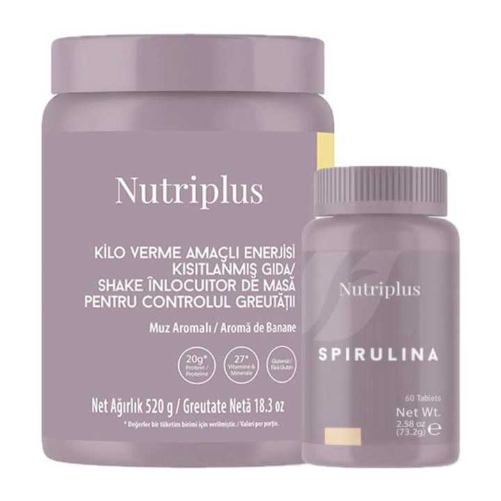 Set pentru controlul greutatii Nutriplus, Shake de banane 520 g si Spirulina 60 tablete, Farmasi
