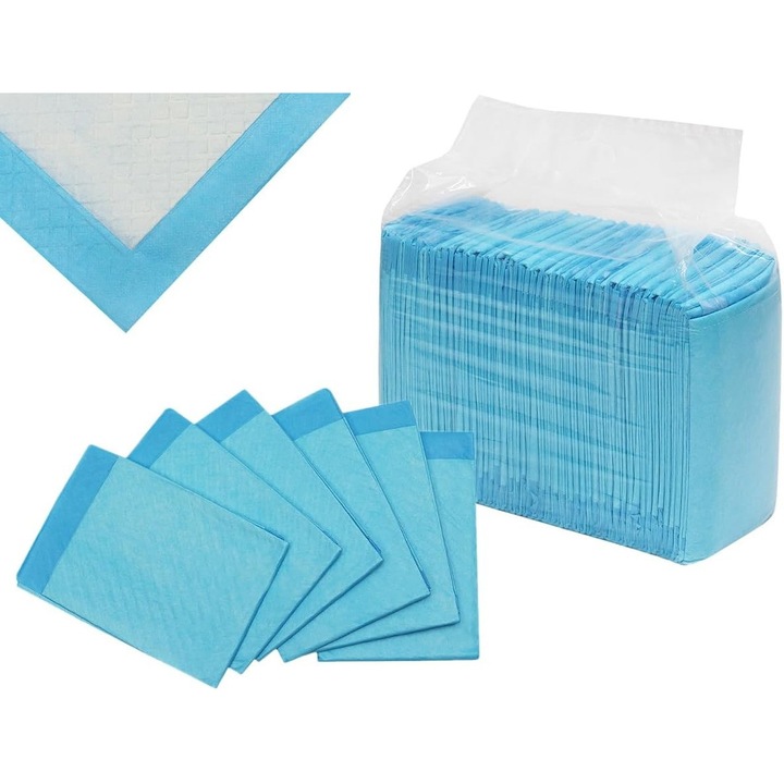 Set 50 covorase igienice absorbante de unica folosinta 60x45 cm, impermeabile, protectie canisa, patut si transport animale, absorbtie 400 ml, albastru/alb