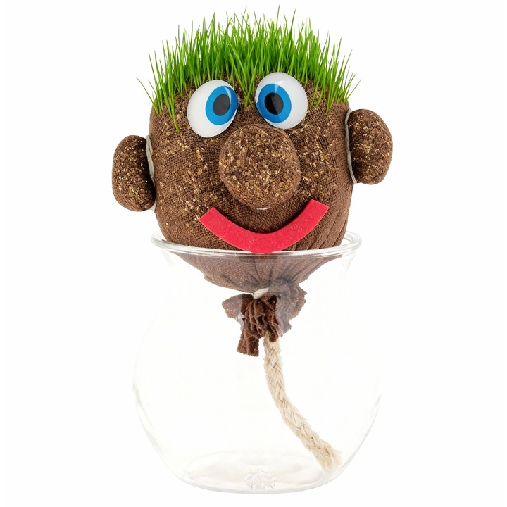 Jucarie cap de iarba, planta naturala educativa pentru copii, decor haios si interactiv, set ghiveci cu auto-udare, dezvolta simtul responsabilitatii si creativitatea, 12 cm