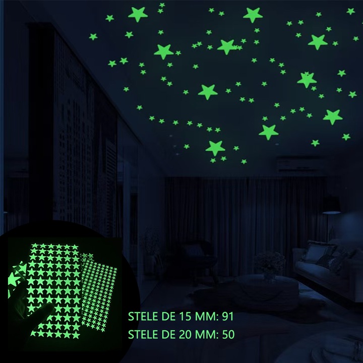 Комплект светещи стикери звезди - 141 светещи звезди, 91 звезди по 15 мм и 50 звезди по 20 мм, идеални за декорация на стая, лесни за нанасяне и премахване