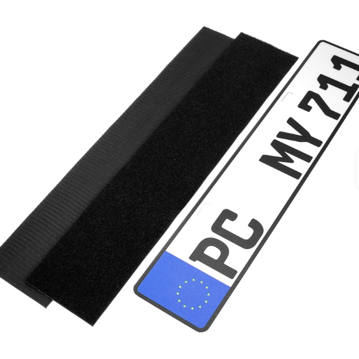 Suport Placute Numar de Inmatriculare Auto cu Velcro, Waltstore, Fara Rama, Autocolant, Negru