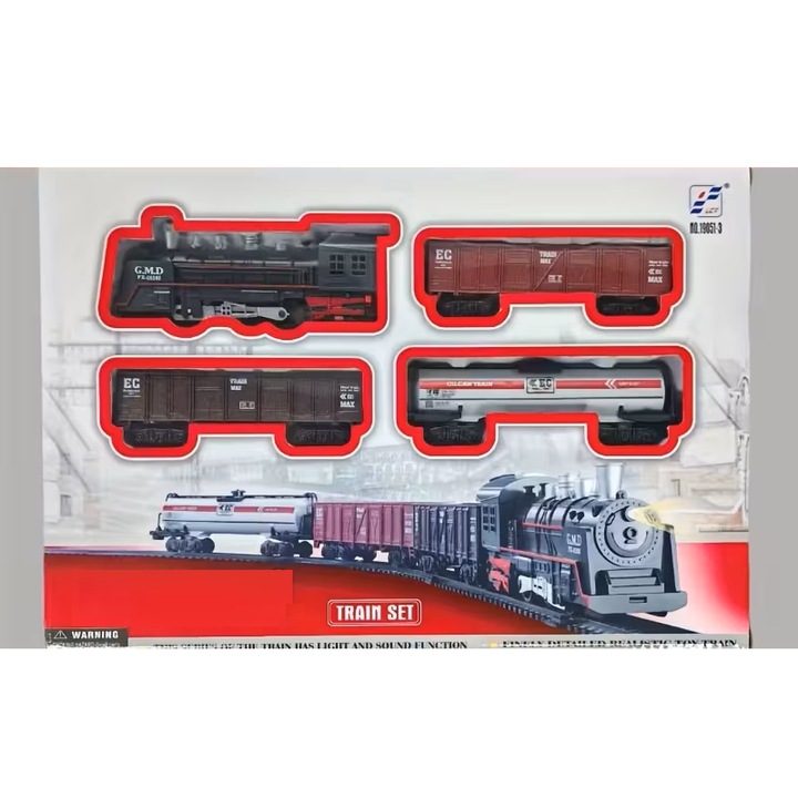 Trenulet electric set, VeliumCraft, locomotiva, 3 vagoane, si sina de 2.5 m, metal si plastic
