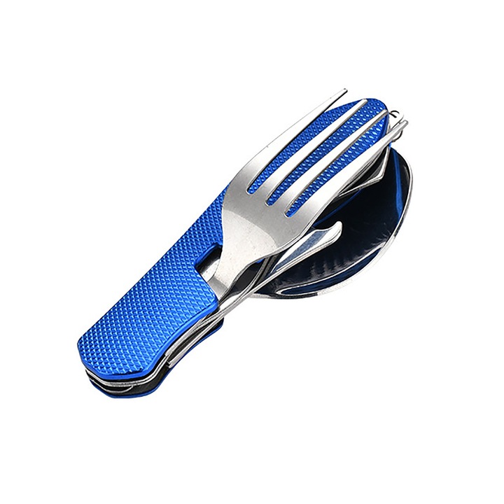 Set de tacamuri 4 in 1 pentru camping, set portabil cu lingura, furculita, cutit si deschizator de sticle - tacamuri din otel inoxidabil cu furculita detasabila - pentru calatorii, tacamuri multifunctionale, Albastru
