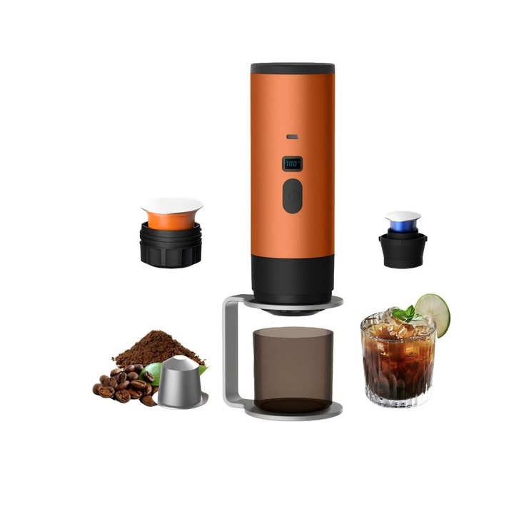 Espressor Portabil, 20 bar, 72W, Afisaj Digital, Portocalie, 90ml, Set complet pentru camping
