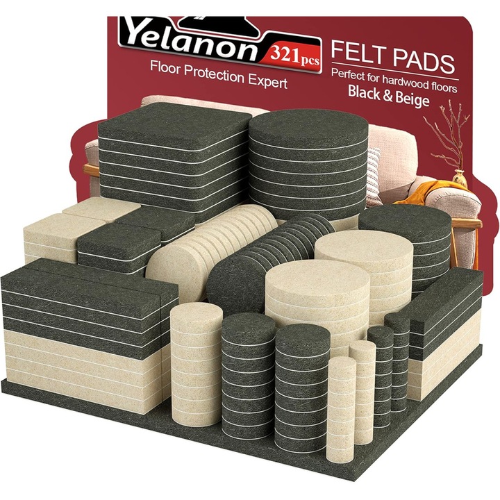Set protecții autoadezive pentru picioarele mobilierului, Yelanon, fetru, rotunde și pătrate, multicolor, 321 piese