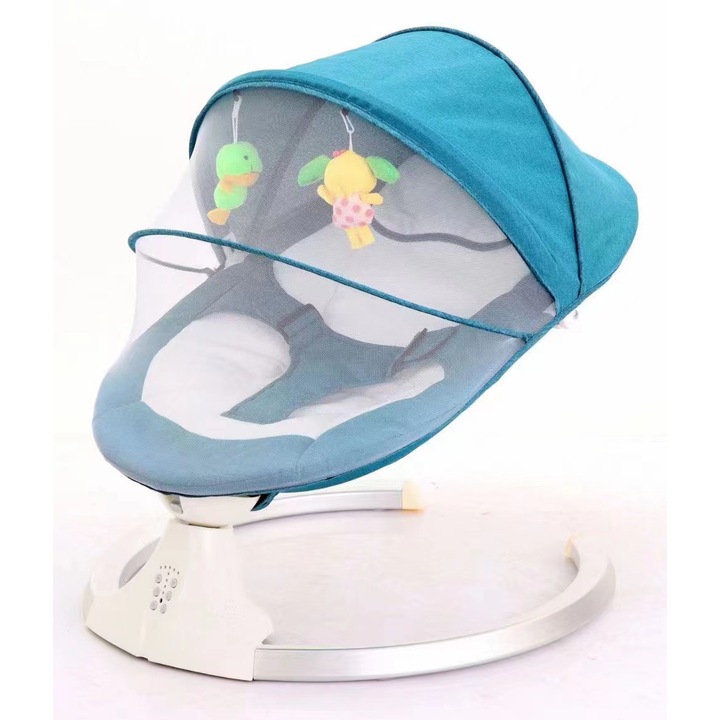 Leagan electric/Balansoar AMYMAT multifunctional pentru bebelusi 3-in-1, cu muzica, telecomanda, cronometru, 5 viteze de leganare, husa lavabila, arc de jucarii si centura de siguranta – confort total pentru somn linistit