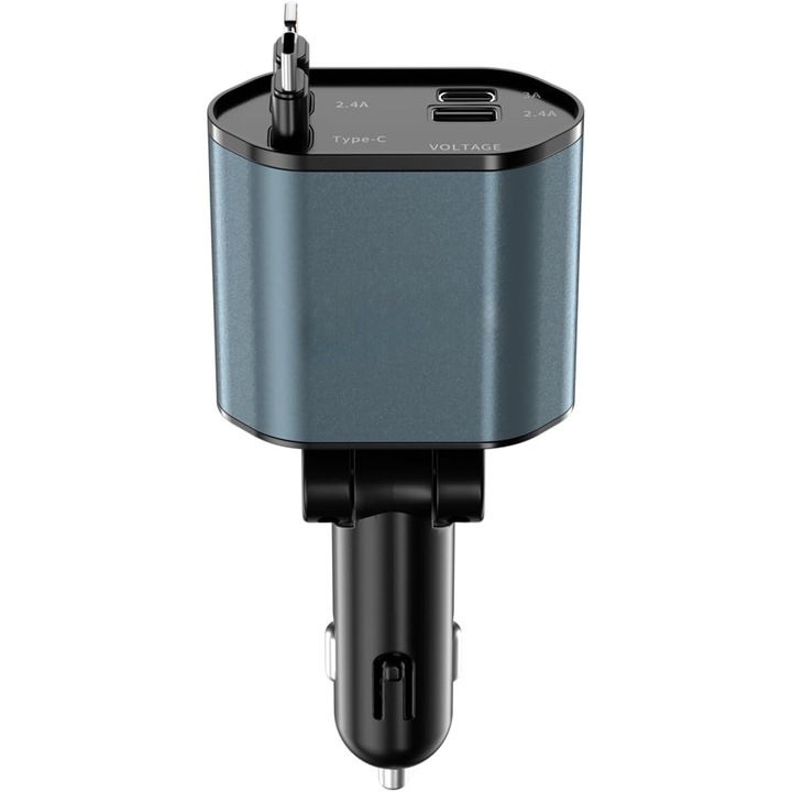 Teleszkópos autós töltő 2 Type-C + iOS kábellel, gyorstöltés 120W, kompatibilis iPhone 15 Pro Max, Samsung Galaxy S24, Google Pixel, QC3.0 / PD, rövidzárlat elleni védelem