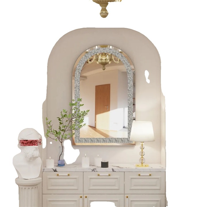 Oglinda ovala, design elegant, fatete stralucitoare, argintie, 60x90cm, set 1 bucata