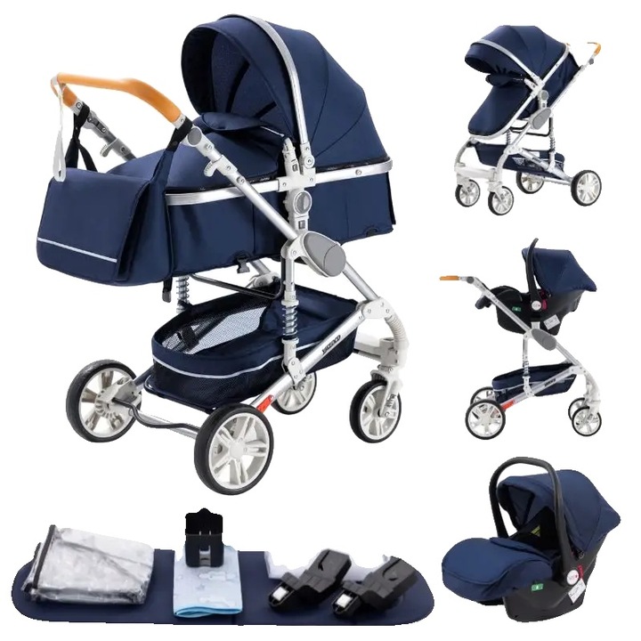 Carucior 3 in 1, 739, albastru, pliabil, usor, cu accesorii confortabile