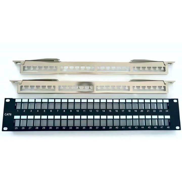 Patch panel 48 porturi, Braun Group, metalic, ecranat, 2U, pentru rack 19''