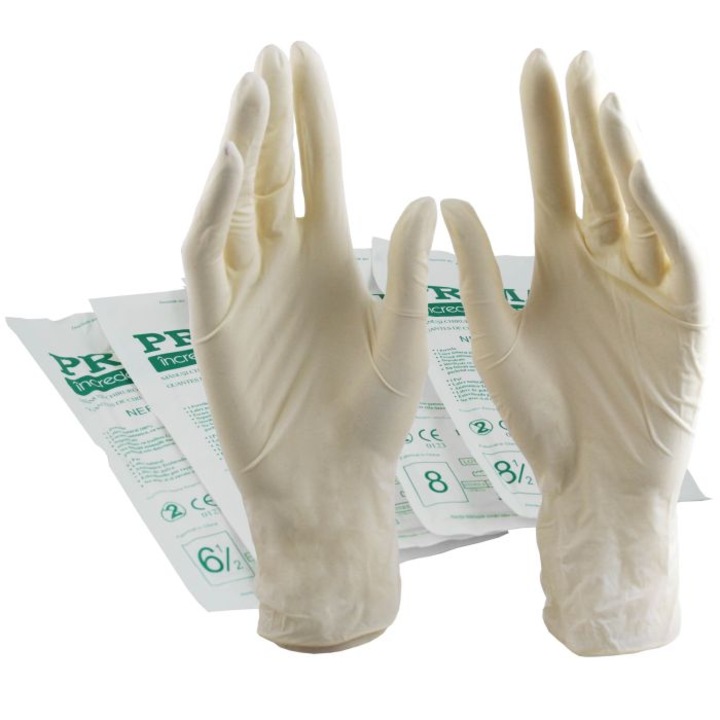 Manusi chirurgicale albe din latex, sterile, nepudrate, PRIMA, marimea 6, 1 pereche