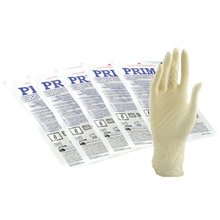Manusi chirurgicale albe din latex, sterile, usor pudrate, PRIMA, marimea 6, 1 pereche