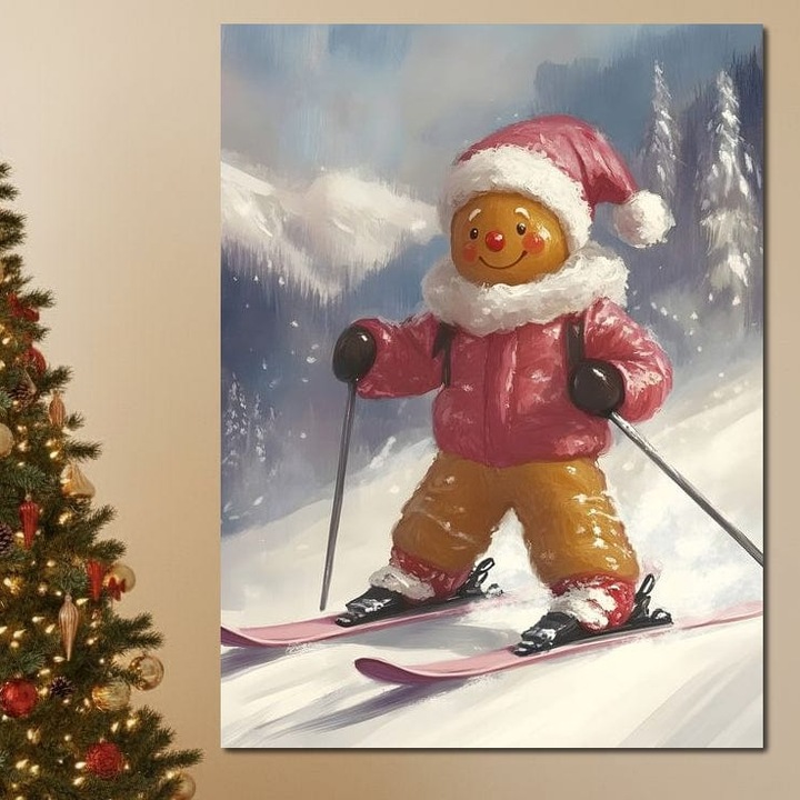 Tablou Canvas Premium, LuxCanva® D1094, Turtita pe Partie, 90 X 120 CM, Panza Bumbac 100% 400g/m2, Sasiu, Lemn, Prajitura, Schi, Iarna, Zapada, Munte, Aventura, Sport, Geaca, Rosie, Bucurie, Sarbatori, Veselie, Vacanta, Camera Copil, Living, Dormito