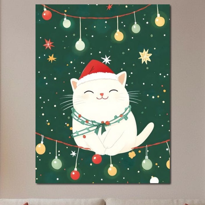 Tablou Canvas Premium, LuxCanva® D1092, Craciunul Pisicii Jucause, 45 X 60 CM, Panza Bumbac 100% 400g/m2, Sasiu, Lemn, Christmas, Globuri, Cadouri, Pisica, Dragalas, Animal, Companie, Verde, Rosu, Bucurie, Straie, Magie, Camera Copil, Living, Dormitor