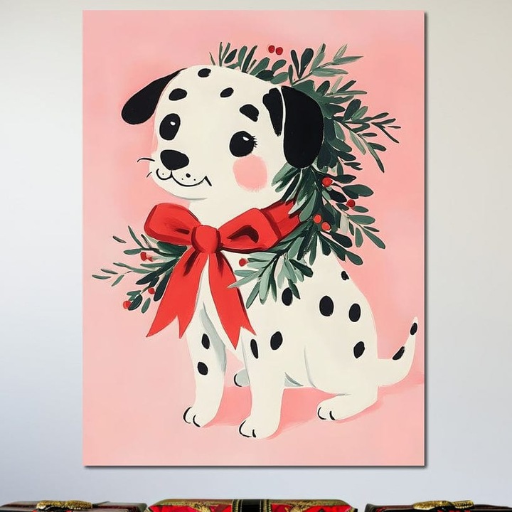 Tablou Canvas Premium, LuxCanva® D1093, Dalmatianul de Craciun, 100 X 135 CM, Panza Bumbac 100% 400g/m2, Sasiu, Lemn, Bucurie, Gingasie, Funda, Rosie, Pui, Catel, Pete, Zambet, Blanos, Coronita, Brad, Canin, Roz, Magie, Camera Copil, Living, Dormitor