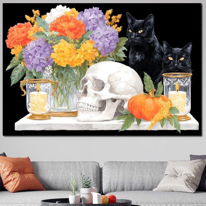 Tablou Canvas Premium, LuxCanva® N1181, Vrajitoarele Noptii, 100 X 150 CM, Panza Bumbac 100% 400g/m2, Sasiu Lemn, Pisici, Animale, Craniu, Dovleac, Halloween, Flori, Buchet, Noapte, Pub, Bar, Lounge, Restaurant, Bucatarie