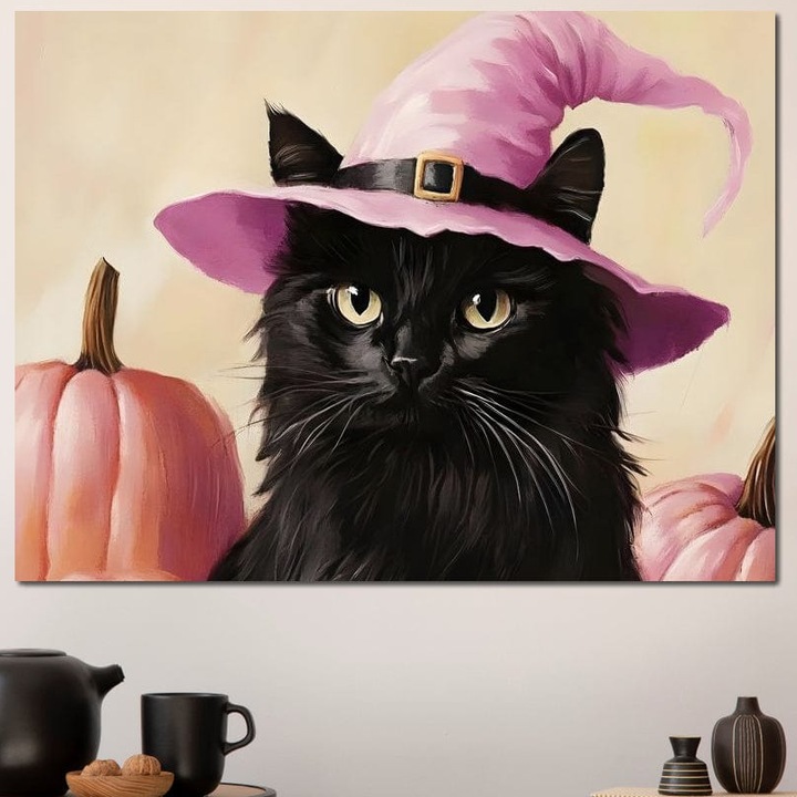 Tablou Canvas Premium, LuxCanva® N1185, Micuta Vrajitoare, 45 X 60 CM, Panza Bumbac 100% 400g/m2, Sasiu Lemn, Pisica, Dovleac, Witch, Roz, Palarie, Halloween, Toamna, Pub, Bar, Lounge, Restaurant, Bucatarie
