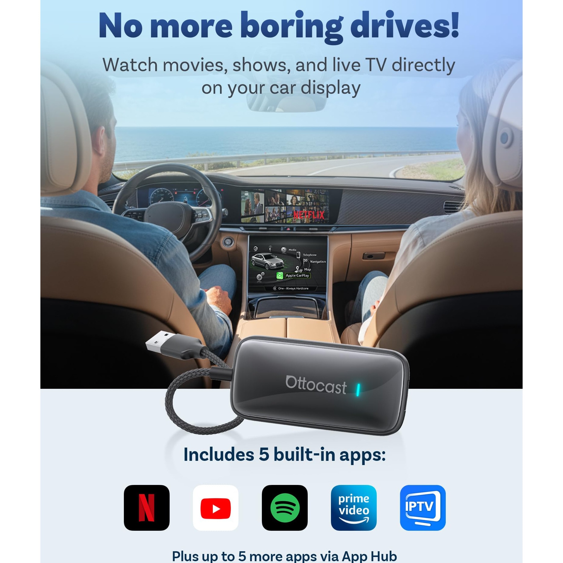 OTTOCAST Play2Video Pro - 2-in-1 CarPlay en Android Auto draadloze adapter vooraf geïnstalleerd met YouTube, Netflix & Prime Video, Android 12.0, wifi 5 GHz, USB-aansluiting tot 128 GB - Plug & Play
