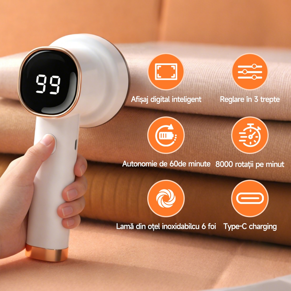 Aparat de curatat scame electric reincarcabil 8W, 60 minute autonomie, 3 trepte de viteza, 6 lame inox, afisaj digital, cu perie statica, pentru pulover, canapea, textil - USB incarcare