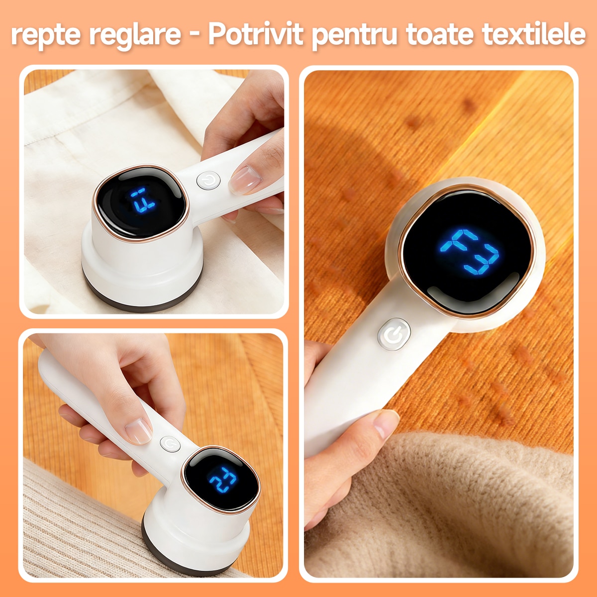 Aparat de curatat scame electric reincarcabil 8W, 60 minute autonomie, 3 trepte de viteza, 6 lame inox, afisaj digital, cu perie statica, pentru pulover, canapea, textil - USB incarcare