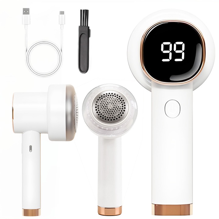 Aparat de curatat scame electric reincarcabil 8W, 60 minute autonomie, 3 trepte de viteza, 6 lame inox, afisaj digital, cu perie statica, pentru pulover, canapea, textil - USB incarcare