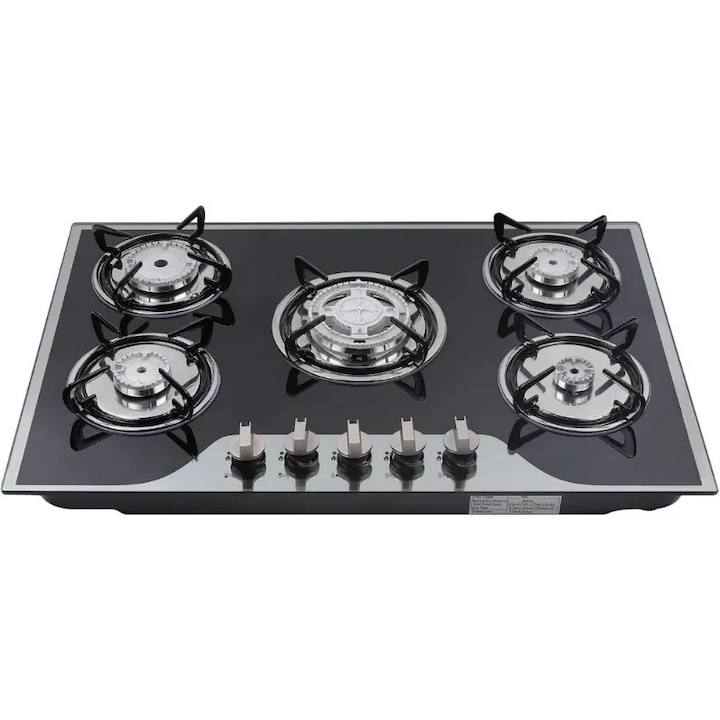 Aragaz incorporabil cu 5 arzatoare, Plita pe gaz, LPG/NG, Sticla securizata, Plita cu top 5 arzatoare, Primar