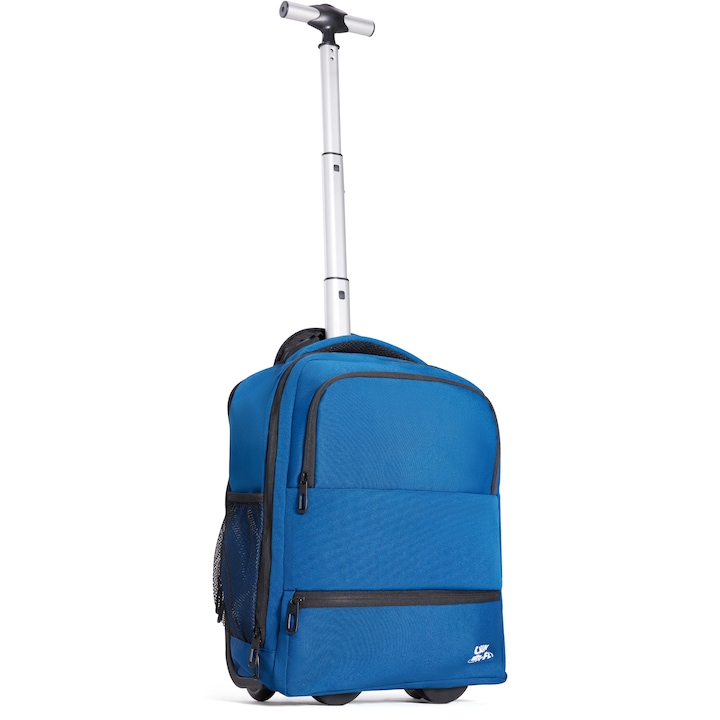 Rucsac hibrid, cu roti si maner ajutator, 40x30x20 cm, bagaj de mana gratuit pentru Ryanair, Wizzair, Hisky, Animawings sau DanAir, albastru