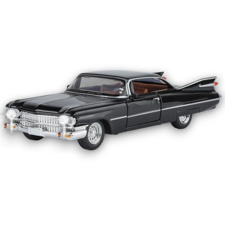 Automacheta Cadillac 1959, 15 cm, Pull-Back funkció, nyitható ajtók, csomagtartó és motorháztető, fény és hang, fekete