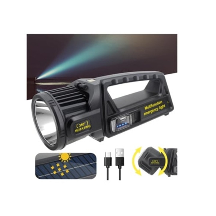 Фенер BISBISOUS 1000,000 лумена, 9 режима, соларен, водоустойчив IPX6, черен