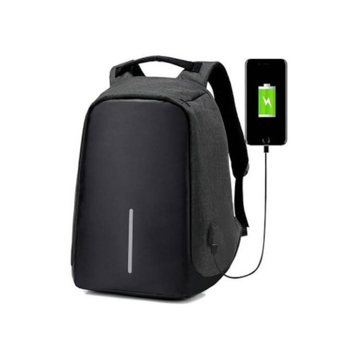 Fekete USB lopásgátló hátizsák, 44x34cm, poliészter