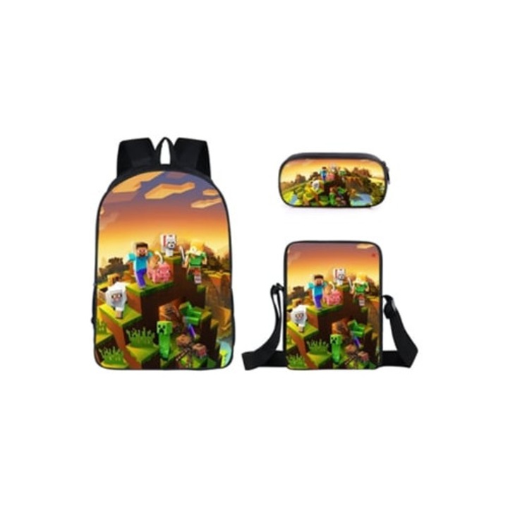 Ghiozdan scolar KOHREE Minecraft, set trei piese, multicolor