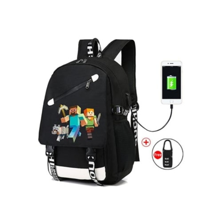 Ghiozdan negru Minecraft cu port USB, impermeabil, pentru scoala, 15 inch