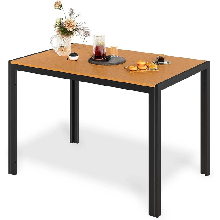 Masa de dining pentru exterior, Masa de gradina, Cadru din aluminiu, Blat cu lamele din panouri pe baza de lemn, Scanduri 6, 5×10 cm, Dimensiuni 110×70×73 cm, Pentru 6 persoane, Gri