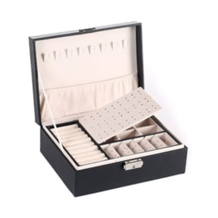 LIPTAPTYN ékszerdoboz, fekete, kétrétegű, lakattal