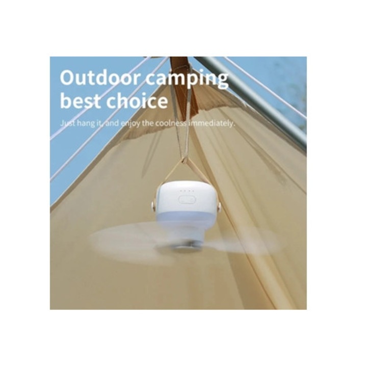 Ventilator portabil pentru camping, 7200mah, cu telecomanda, iluminare LED, alb