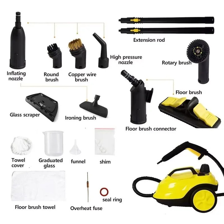 Aparat de curatat cu abur, multifunctional, galben, 220V, capacitate rezervor 2L, 2000W