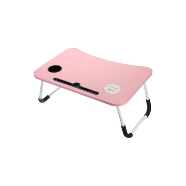 Masa de studiu pliabila pentru laptop, cu suport, ventilator, lumina LED, interfata USB, 60x40cm