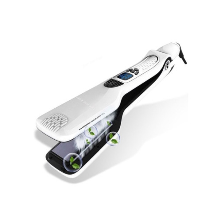 Placa de indreptat parul cu aburi, 2 in 1, pentru par drept sau ondulat, multifunctionala, alb