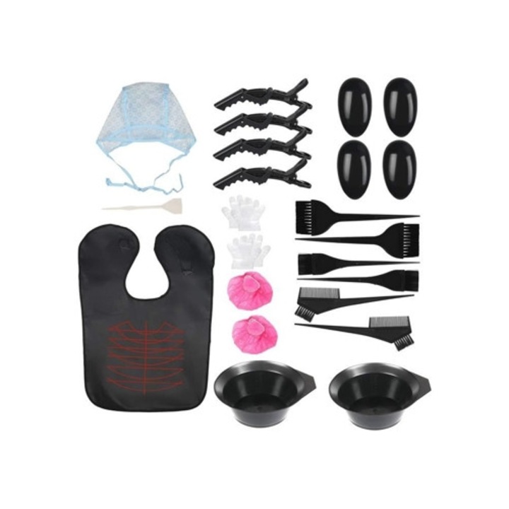 Set de 25 piese pentru vopsit parul, accesorii profesionale cu pensule, tavite, boneta si sort