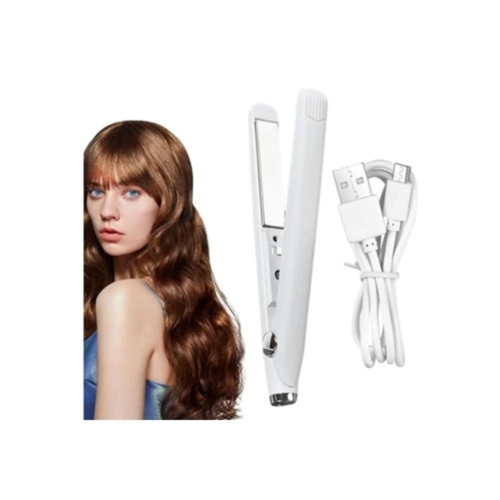 Placa de indreptat parul ceramica alba, portabila, pentru toate tipurile de par