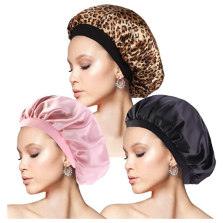 Set 3 Bonete Satin, Negru, Roz, Leopard