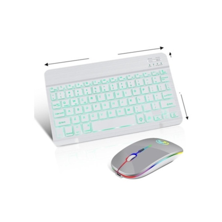 Tastatura wireless pentru tableta, iluminata, set cu mouse, pentru iPad, spaniola