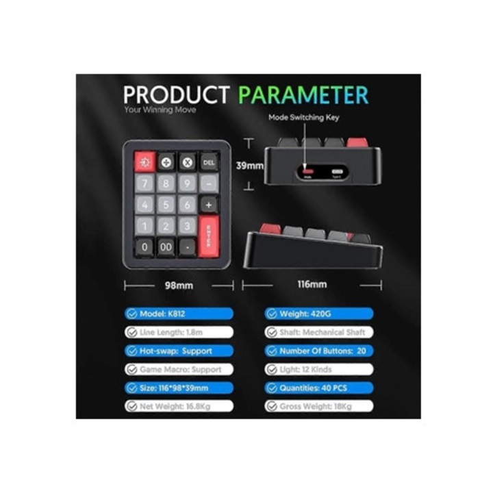 Tastatura mecanica K812, iluminare RGB, set numeric, cablat