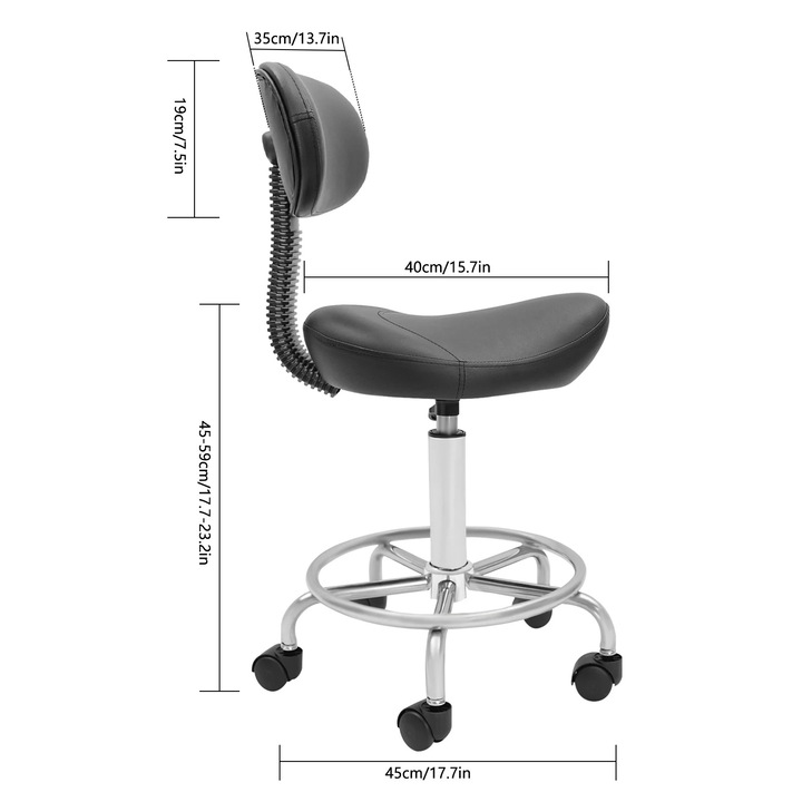 Scaun sa ergonomic, Pentru salon/bar, Cu spatar, Rotativ 360°, Reglabil pe inaltime 46–58 cm, Otel inoxidabil, Negru