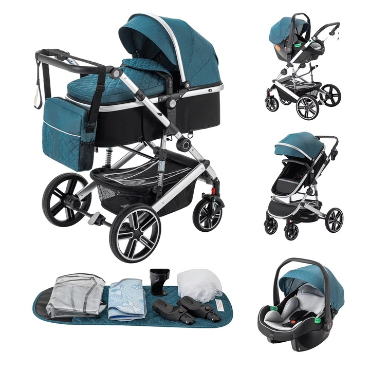 Marsupiu 3 in 1, verde, design usor, cadru din aluminiu, dimensiuni compacte