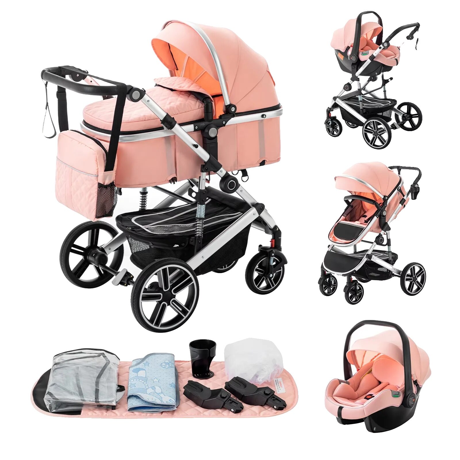 Carucior 3 in 1, design pliabil, manere ajustabile, roz - eMAG.ro