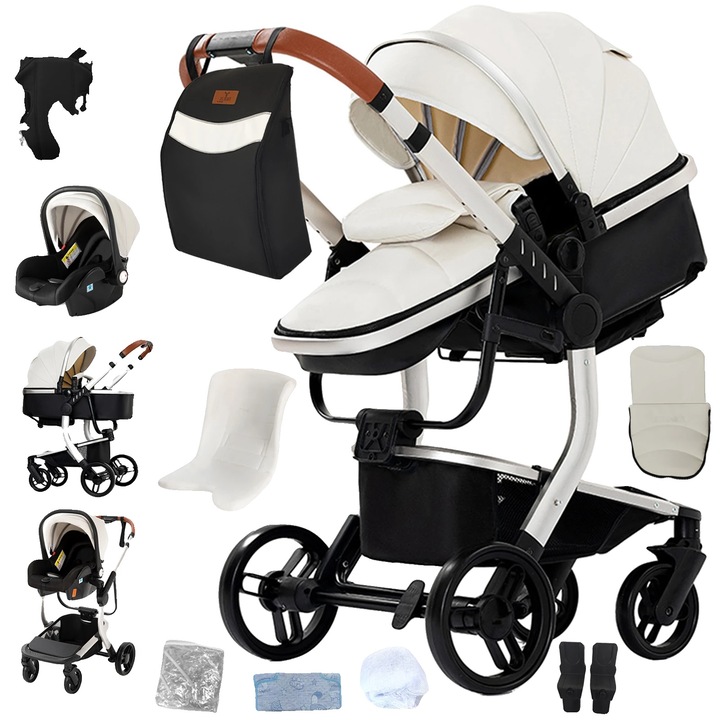 Carucior 3-in-1, alb, design compact, capacitate 20 kg