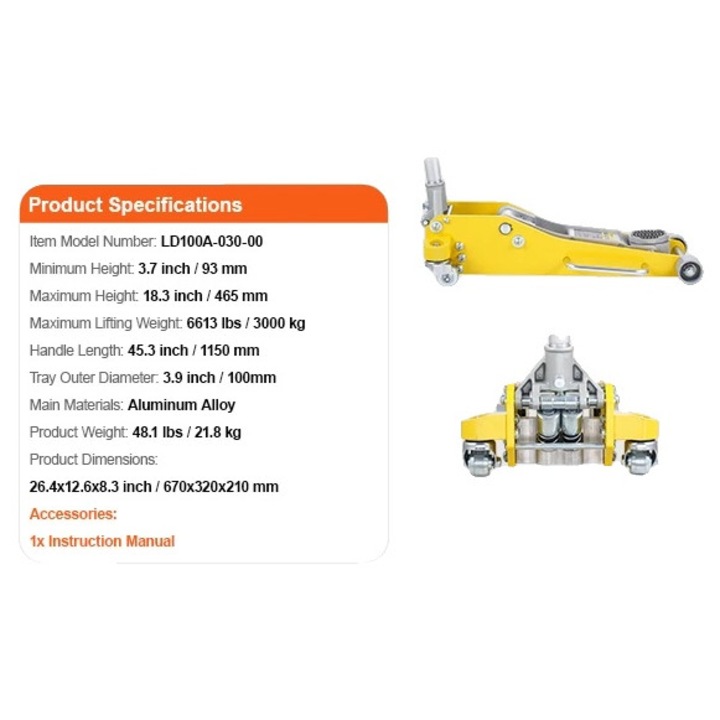 Elevator hidraulic, 3T, capacitate 3 tone, inaltime minima 3.7 inch, inaltime maxima 18.3 inch, sistem cu doua pompe