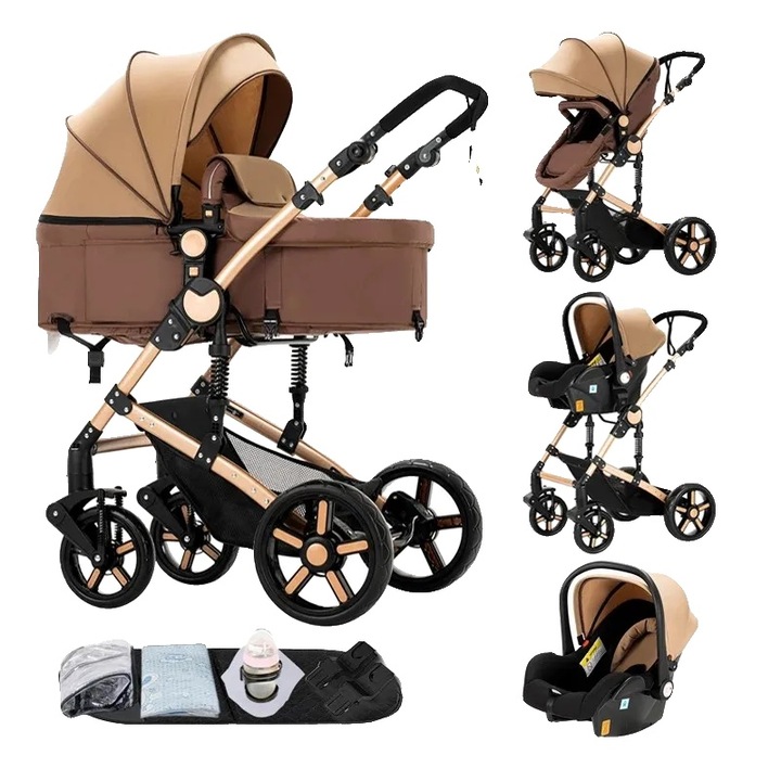 Carucior 3 in 1, design inaltat, versatilitate duala, culoare kaki, capacitate 10 kg